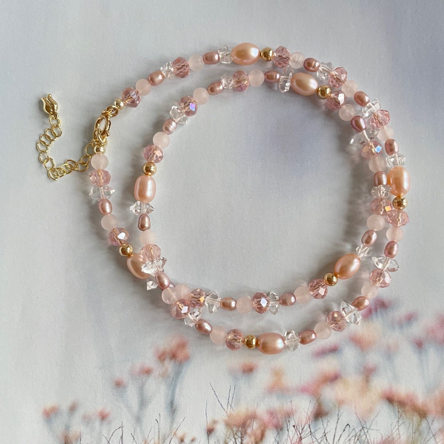 Ketting roze zoetwaterparels, Herkimer diamant en rozenkwarts